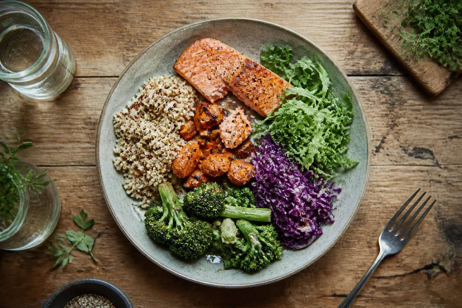 Split-screen comparison showing sparse calorie restriction plate versus vibrant balanced meal with GLP-1 peptide vial