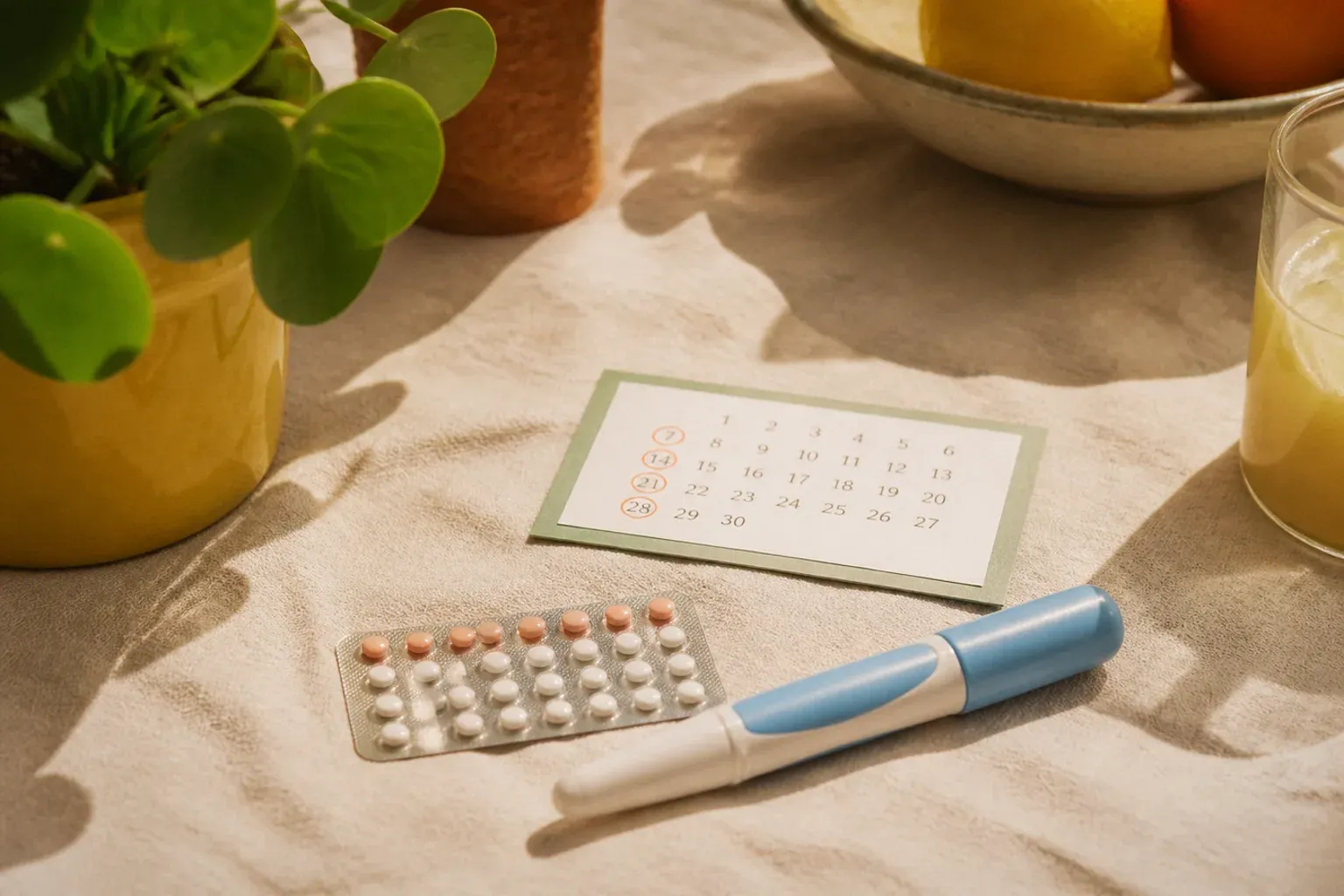 A blister pack of pills and a capped injection pen on pale linen beside a small calendar card with four dates circled, a potted plant and a bowl of citrus in warm morning light