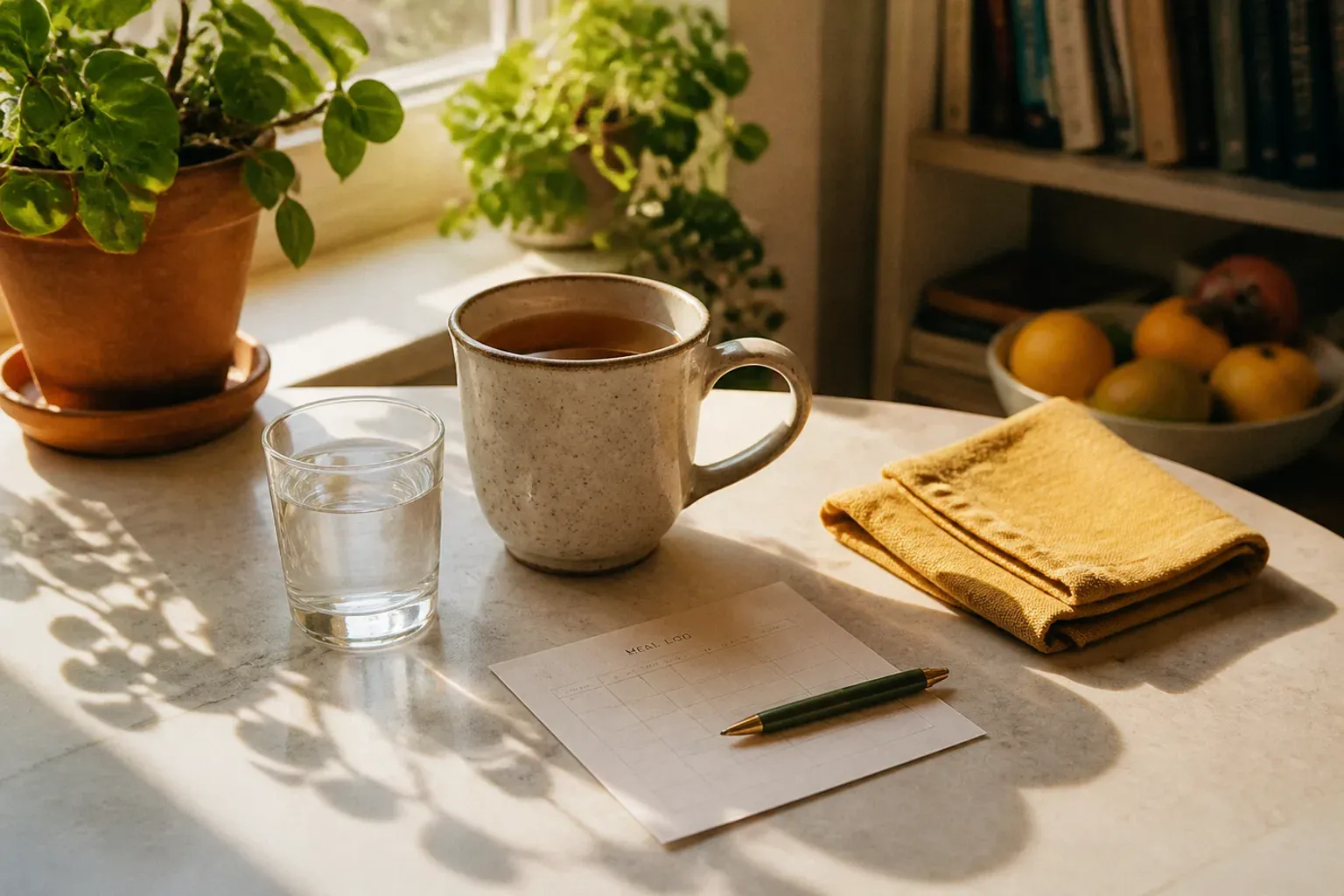 A mug of peppermint tea, a glass of water and a folded linen napkin on a pale kitchen table beside a paper meal-log card