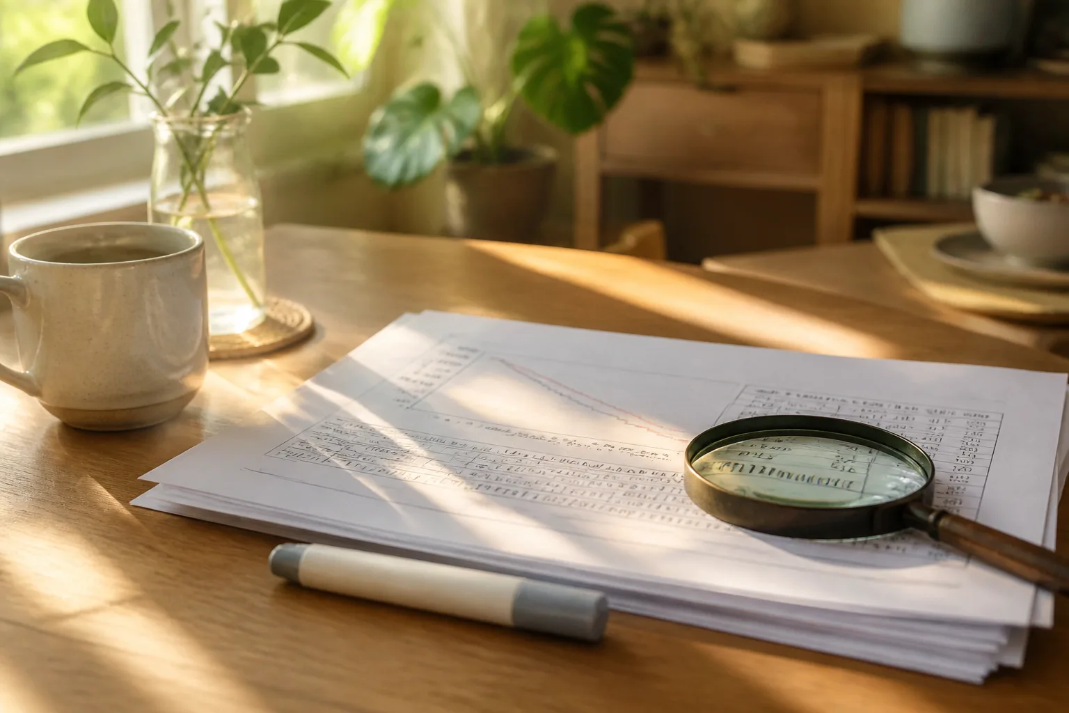 Sunlit wooden desk with a stack of study printouts, a survival curve chart and a magnifying glass, representing a close reading of GLP-1 cancer research