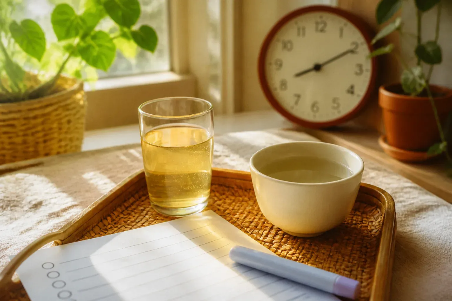 A woven tray holding a glass of pale prep solution, a cup of clear broth, a blank checklist and a capped pen, with a wall clock and houseplants in warm window light