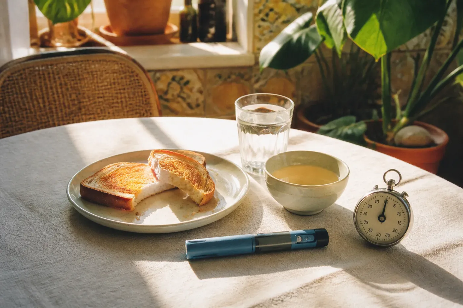 A plate of toast, a glass of water, a small bowl of broth, a kitchen timer and a capped injection pen on a linen-covered table in warm window light