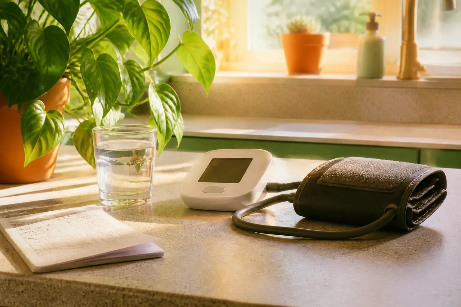 A home blood pressure monitor and folded arm cuff on a sunlit kitchen counter beside a glass of water, a handwritten log and a potted plant