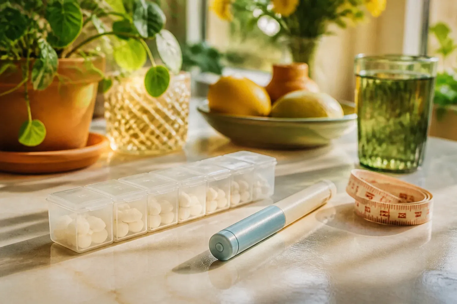 A weekly pill organizer with white tablets beside a capped injection pen and a cloth tape measure on a pale counter