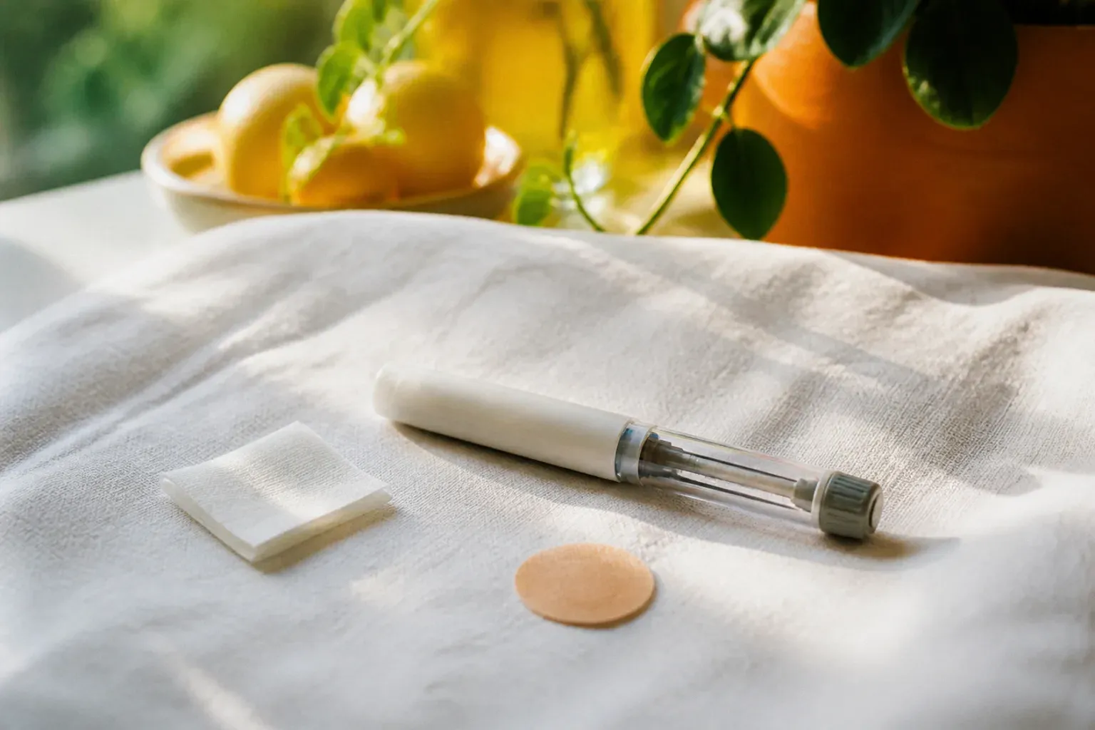 A white injection pen, a folded alcohol swab and a small round adhesive bandage on white linen, with a bowl of lemons and a potted plant in soft window light