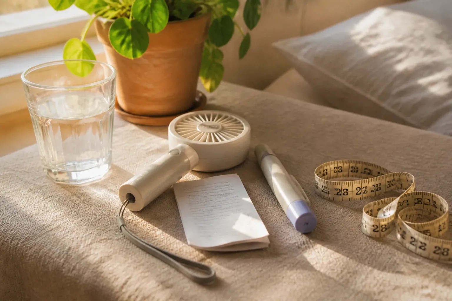 A small handheld fan, a folded leaflet, a capped injection pen, a tape measure and a glass of water on a linen bedside table beside a potted plant, in warm morning window light