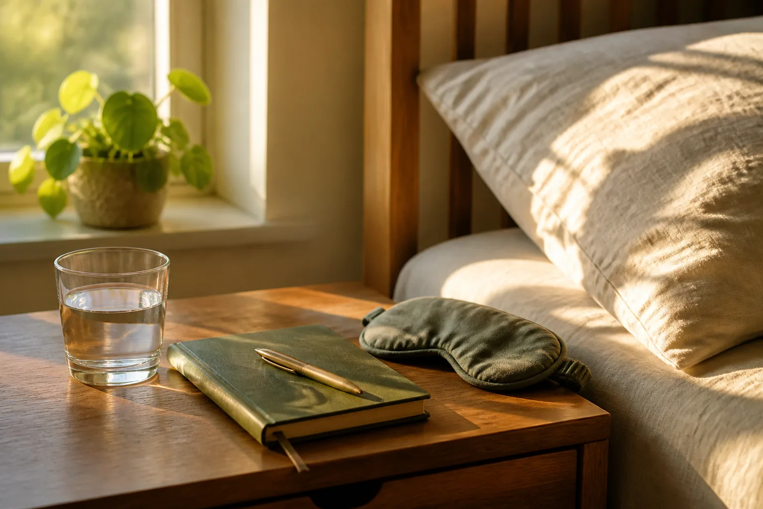 Bedside table at dawn with a glass of water, a headache diary and a sleep mask, representing migraine tracking during a GLP-1 protocol