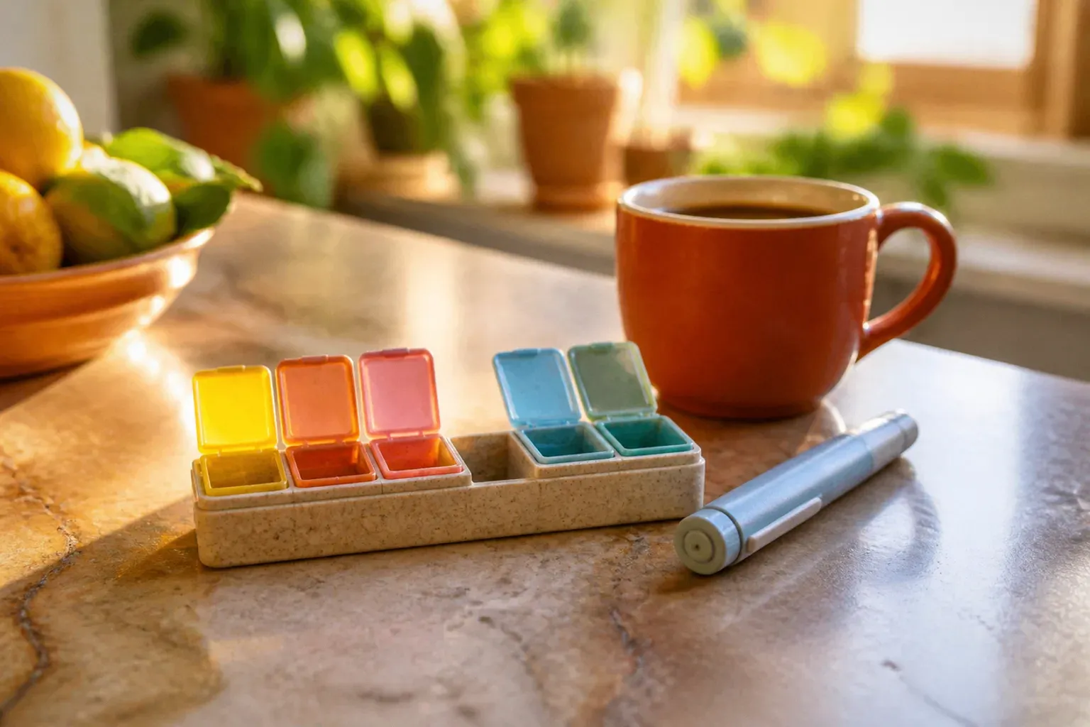 A weekly pill organizer with one empty compartment on a kitchen counter, beside a capped injection pen and a cup of morning coffee