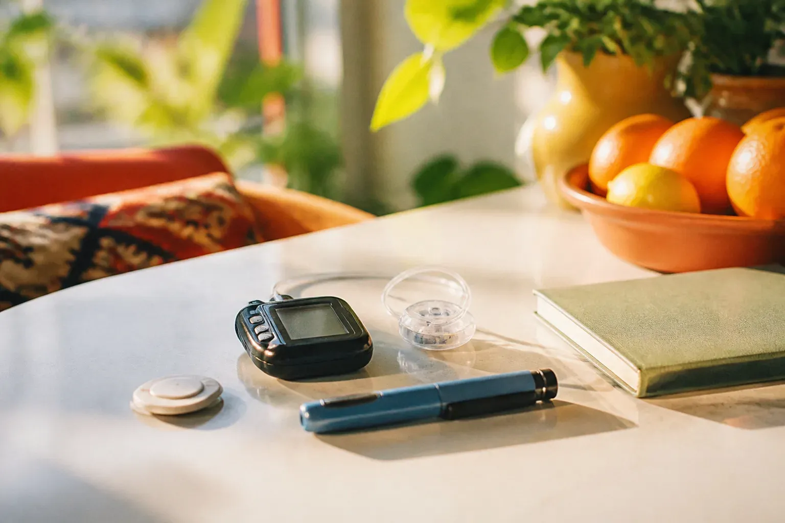 A continuous glucose monitor sensor, an insulin pump with its tubing and a slim injection pen on a pale table beside a green notebook and a bowl of oranges, in warm morning light