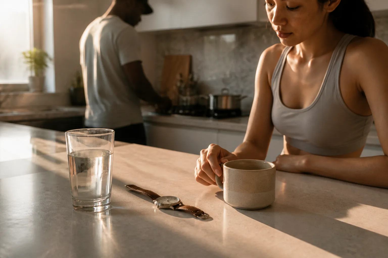 Clean modern bathroom counter with GLP-1 injection pen, glass of water, apple, and clock showing morning routine