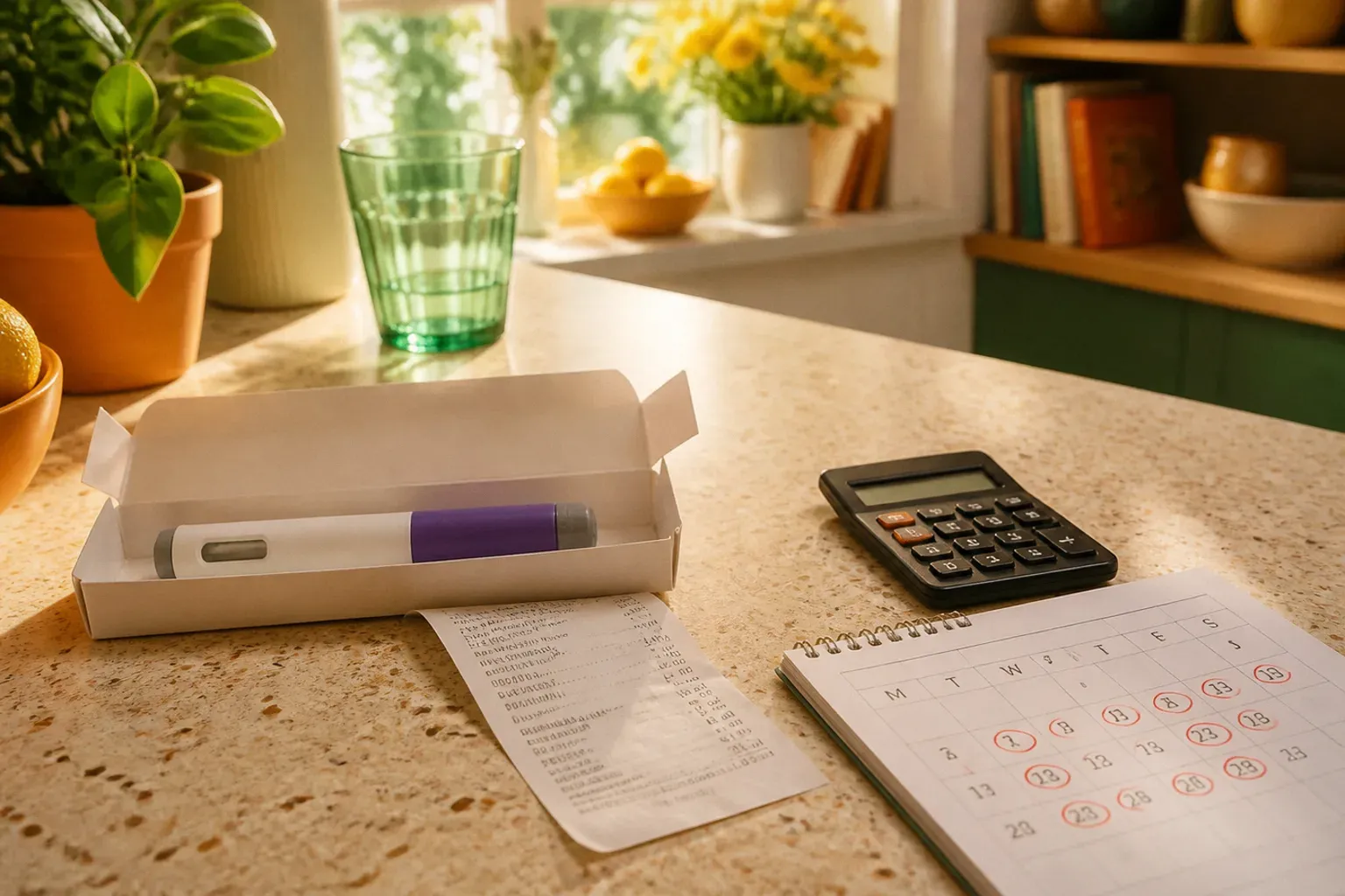 A single capped injection pen in its open carton beside a pharmacy receipt, a small calculator and a wall calendar page with weeks circled, on a clean kitchen counter