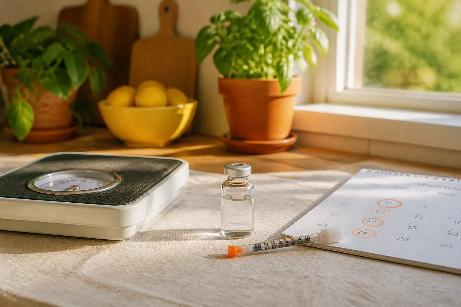 A clear glass vial and a capped syringe on a pale linen counter beside a bathroom scale and a paper wall calendar with weeks circled, in soft morning light