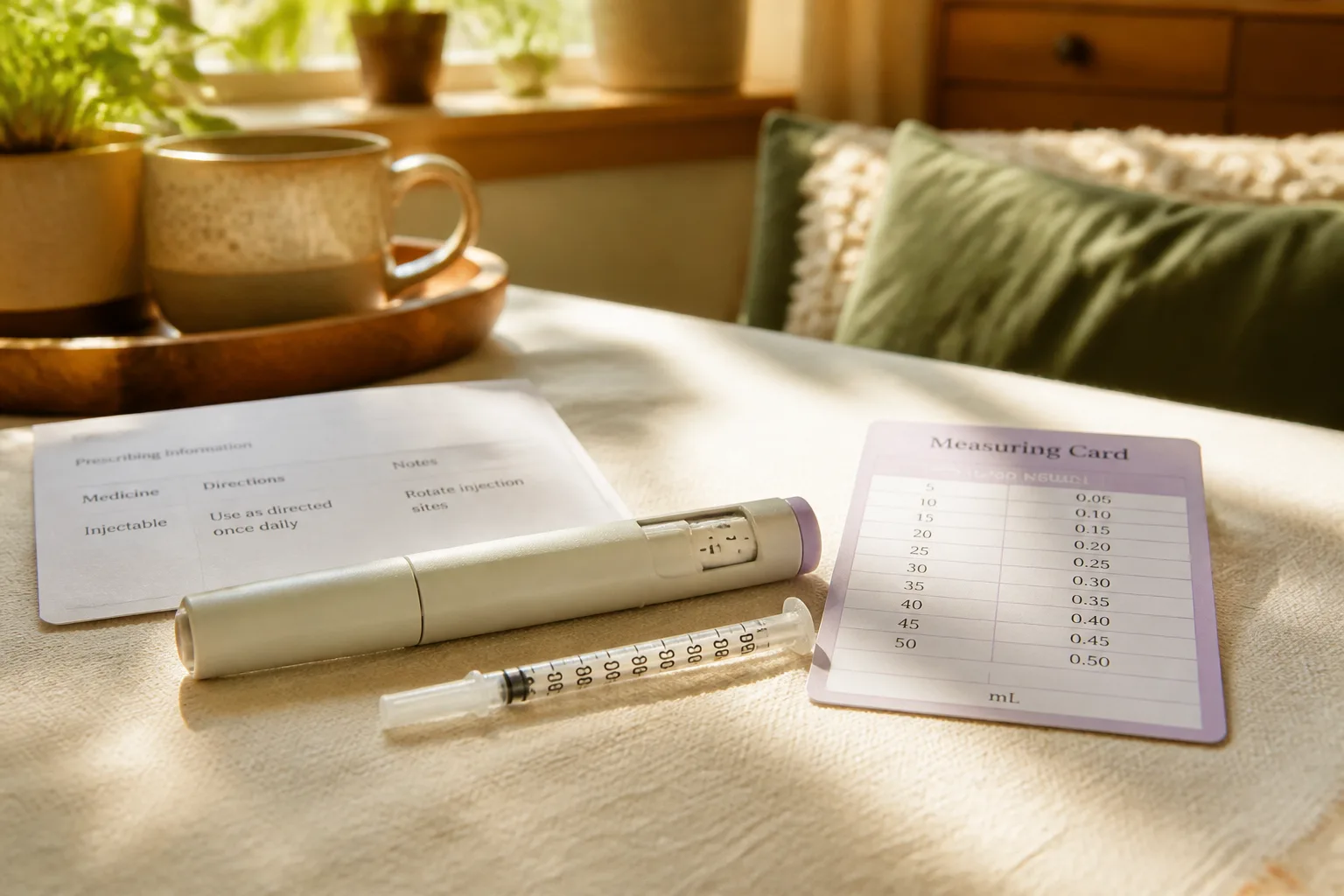 An injection pen and a small syringe beside a prescribing sheet and a units-to-milliliters measuring card on a linen tablecloth in morning light