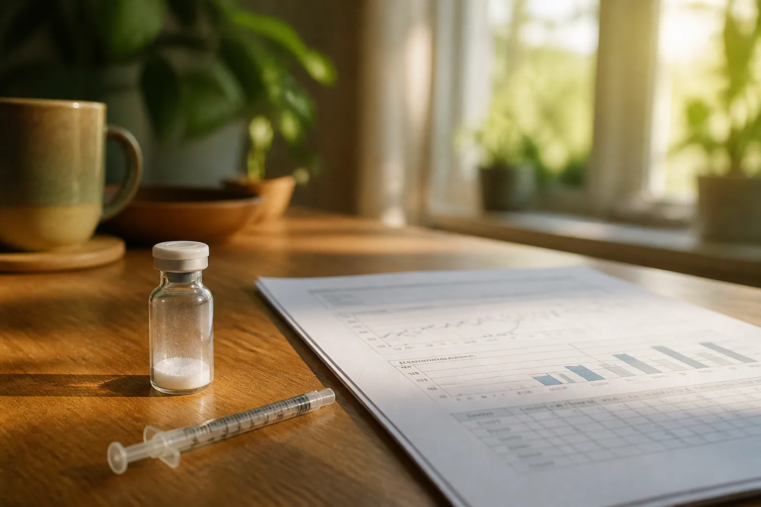 An unlabeled vial of white powder and a small capless syringe on a wooden table beside printed trial charts, in warm window light