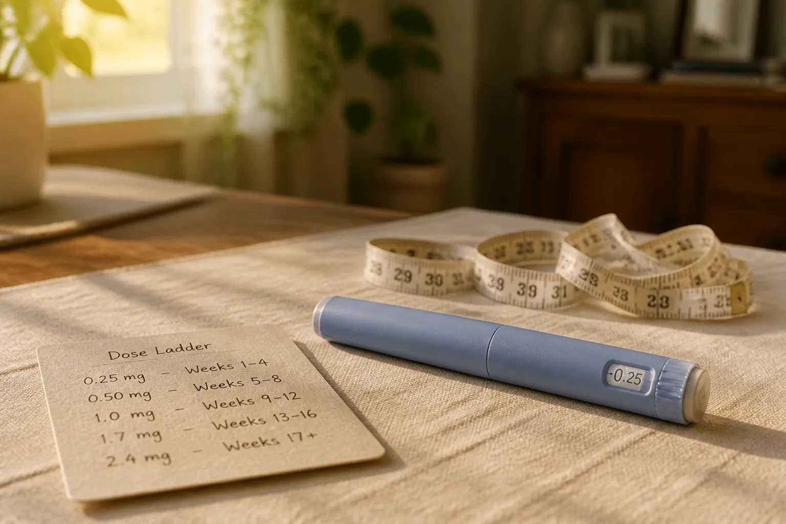 An injection pen set to its smallest dose beside a handwritten dose ladder card and a coiled measuring tape on a linen tablecloth in morning light