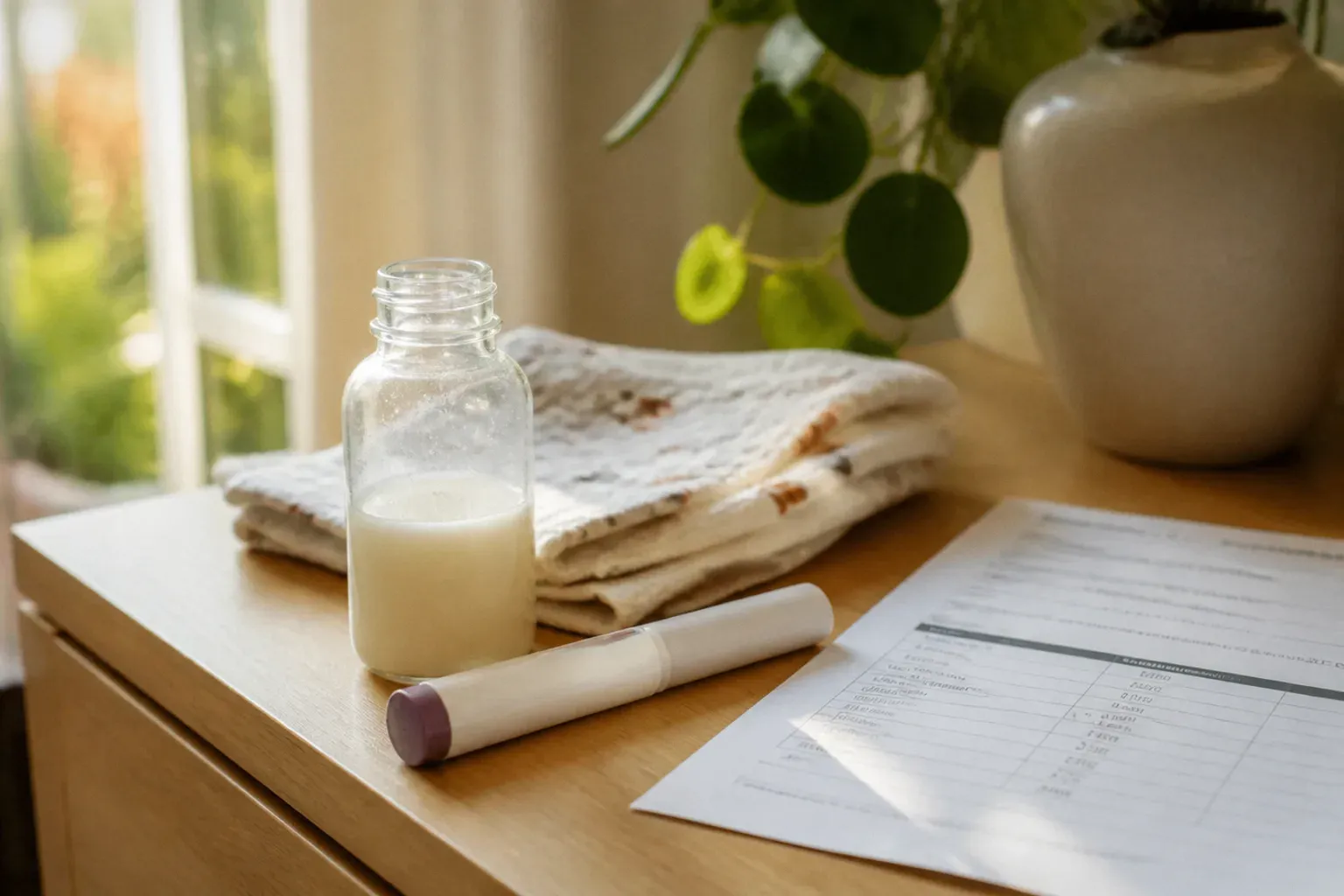A small glass bottle of expressed breast milk and a capped injection pen on a wooden nursery dresser beside a folded muslin cloth and a printed lab report, in soft morning window light