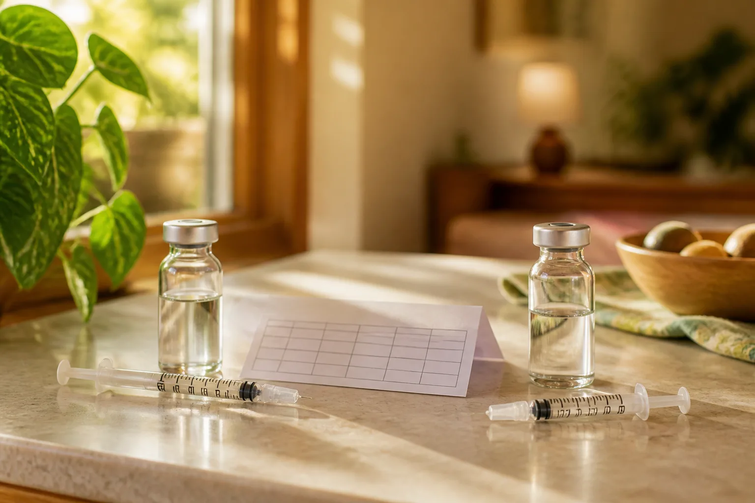 Two clear glass vials on a pale stone counter, each with a small syringe in front, and a blank folded dose chart between them in warm window light