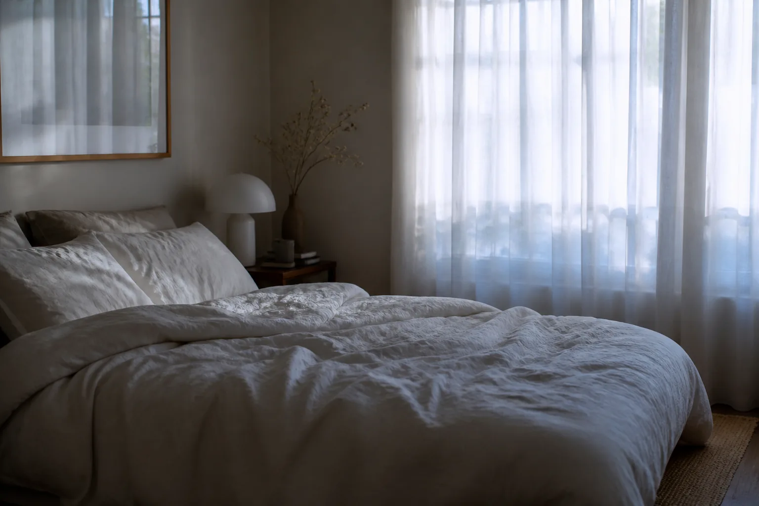 Serene bedroom at night with delta wave visualization representing optimized sleep architecture on microdose GLP-1