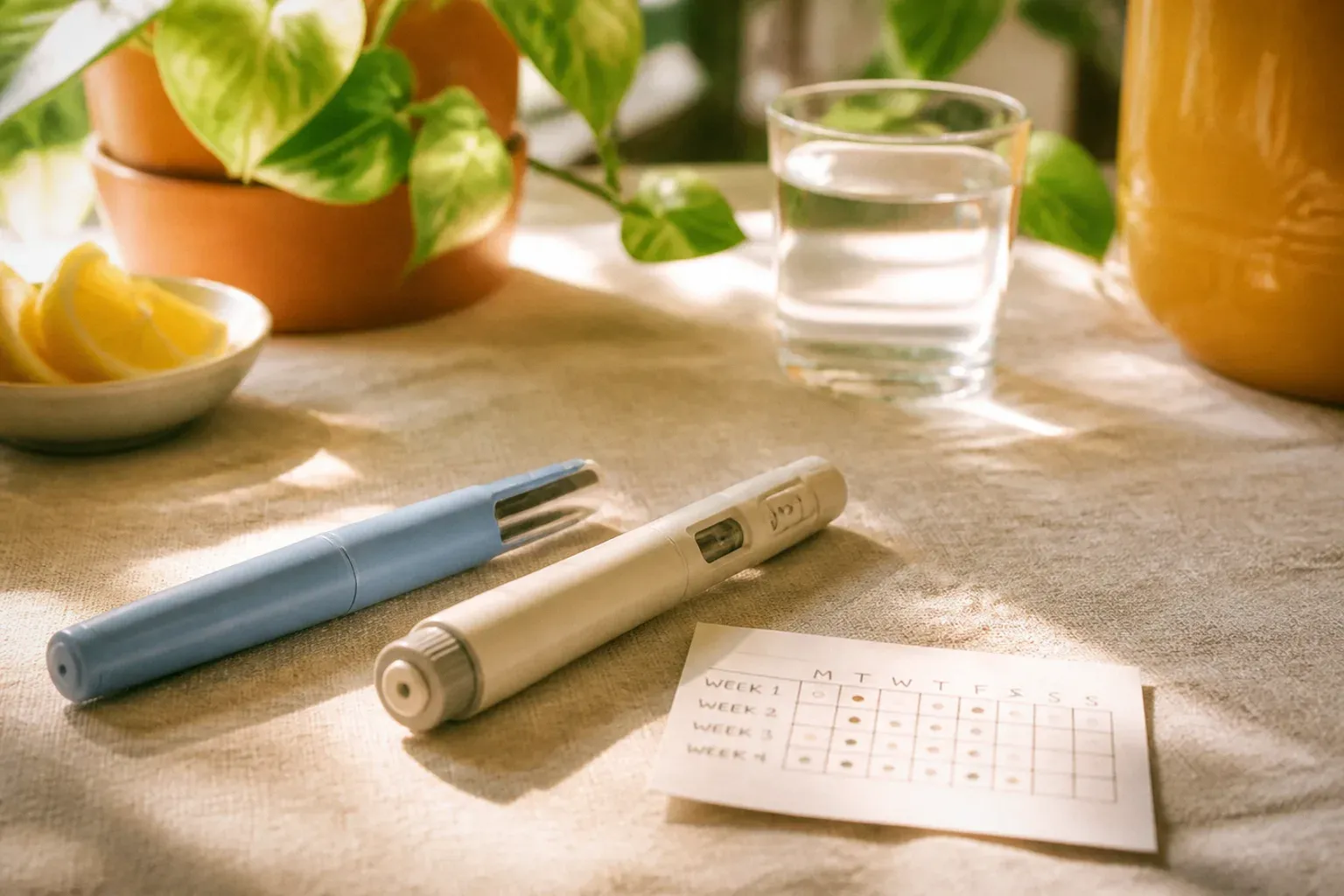 Two different injection pens side by side on pale linen, with a handwritten dosing calendar card and a glass of water