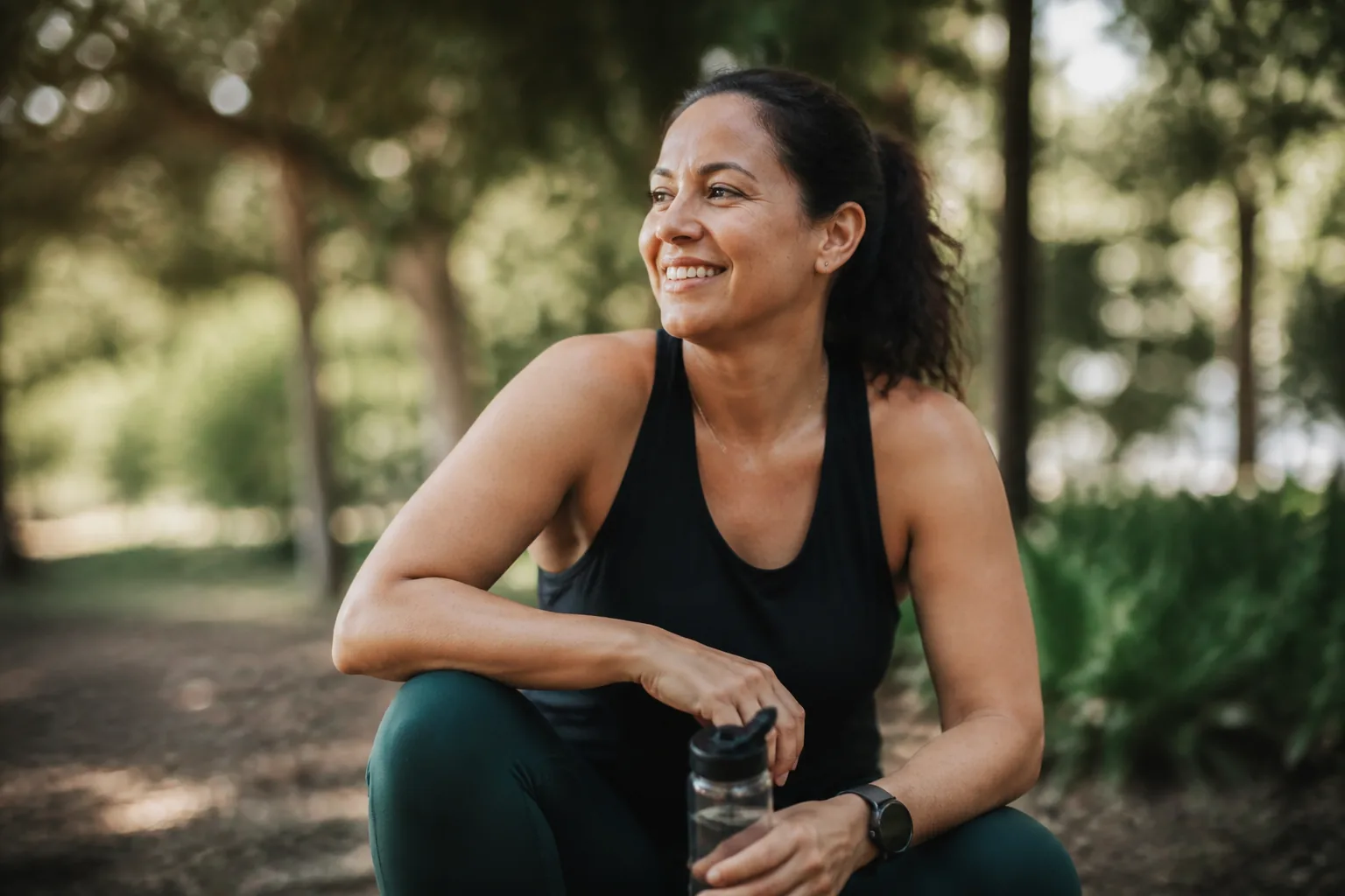 Confident woman in her 40s practicing mindful yoga at golden hour, representing metabolic vitality