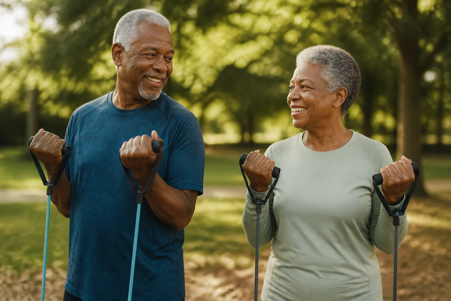 Fit older couple doing yoga in park at sunrise