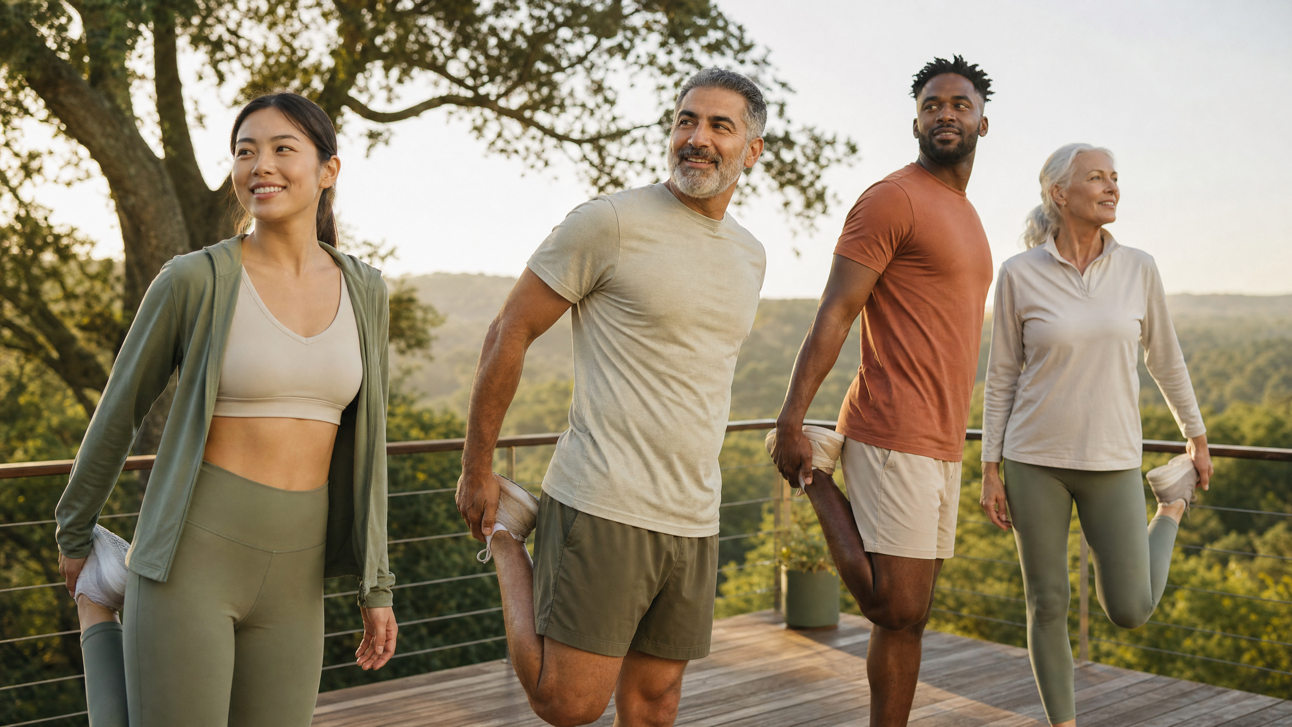Diverse group of people stretching together on outdoor deck