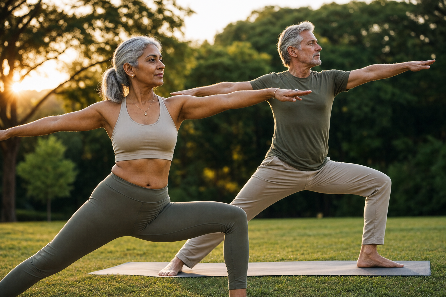 Fit older couple doing yoga together in park at sunrise